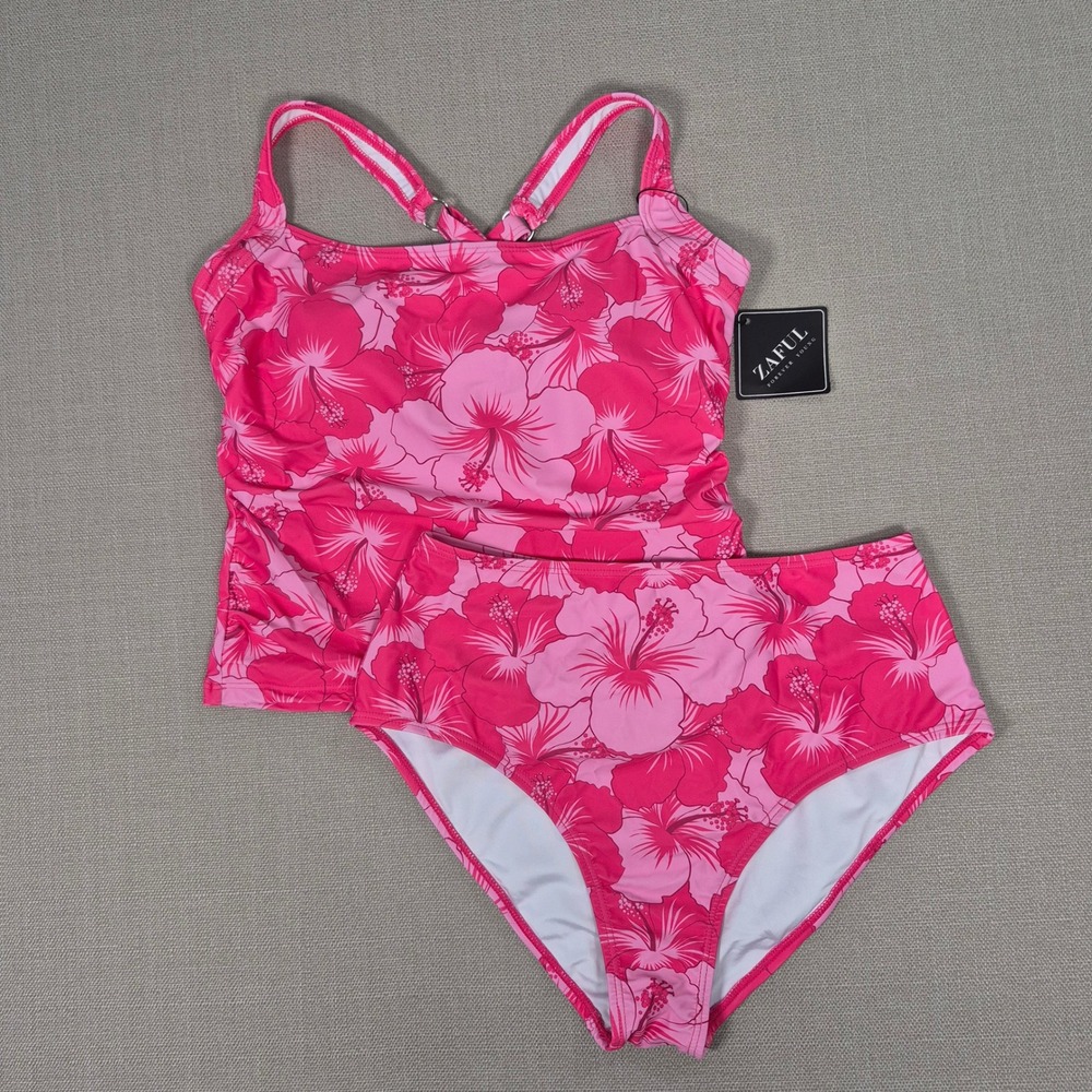 Zaful Pink Floral Tankini Swimsuit Set High Waisted Tummy Control New M